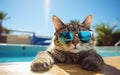 Funny fluffy cat in sunglasses is relaxing in the pool while on vacation in the tropics. Vacation and travel concept