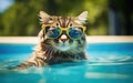 Funny fluffy cat in sunglasses is relaxing in the pool while on vacation in the tropics. Vacation and travel concept