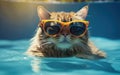 Funny fluffy cat in sunglasses is relaxing in the pool while on vacation in the tropics. Vacation and travel concept