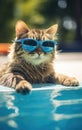 Funny fluffy cat in sunglasses is relaxing in the pool while on vacation in the tropics. Vacation and travel concept