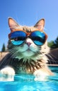 Funny fluffy cat in sunglasses is relaxing in the pool while on vacation in the tropics. Vacation and travel concept