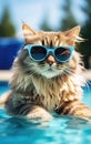 Funny fluffy cat in sunglasses is relaxing in the pool while on vacation in the tropics. Vacation and travel concept