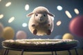 Jumping for Joy: Cute Little Sheep Bouncing on a Trampoline Royalty Free Stock Photo