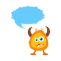 Funny fluffy orange horned cartoon monster with speech bubble.