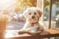 Funny fluffy white dog at restaurant on sun lights background Royalty Free Stock Photo