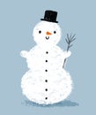 Funny Fluffy White Snowman in a Black Hat on a Pastel Blue Background.