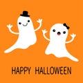 Funny flying baby boy girl ghost with black hat and bow. Smiling face. Happy Halloween. Greeting card. Cute cartoon character.