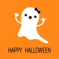 Funny flying baby girl ghost with black bow. Smiling face. Happy Halloween. Greeting card. Cute cartoon character. Scary spirit.