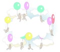 Funny flying cats with balloons and cloud frame. Vector cartoon illustration