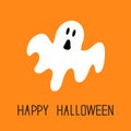 Funny flying ghost. Happy Halloween. Greeting card. Cute cartoon character.