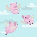 Funny flying pink pigs against the sky