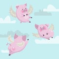 Funny flying pink pigs against on sky