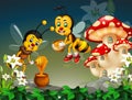 Funny Flying Two Yellow Bee With Honey, Rock, White Flower, And Red Mushroom House Cartoon Royalty Free Stock Photo