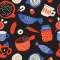 Funny food seamless pattern in sketch style. Scandinavian food and kitchen ware. Made in vector. Royalty Free Stock Photo