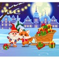 Funny fox and animated gnome on the ice rink tonight. Sports entertainment winter playground in the village. Sample of