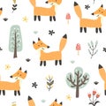 Funny fox seamless pattern. Forest background in childish style Royalty Free Stock Photo