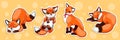 Funny fox vector stickers. Cute cartoon forest animals set