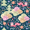 Funny foxes and birds in magic forest with trees, flowers and mushrooms. Vector seamless pattern