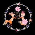 Funny foxes in love play the lyre. Beautiful round frame with flowers, leaves and cute unicorns. Greeting or wedding invitation