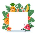 Funny frame with tropical leaves, fruits and flowers. Background for invitations, promotions, sales and events