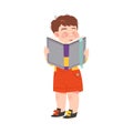 Funny Freckled Boy Standing with Open Book and Reading Vector Illustration
