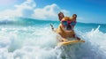 Funny French bulldog dog in sunglasses surfs in ocean, happy pet surfer rides sea wave, animal in blue water in summer. Concept of Royalty Free Stock Photo