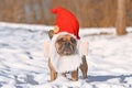 Funny French Bulldog dog wearing Christmas santa hat costume with beard in snow Royalty Free Stock Photo