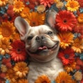 funny french bulldog in flowers