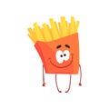 Funny french fries cartoon fast food character, element for menu of cafe, restaurant, kids food, vector Illustration