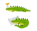 Funny friendly crocodile in everyday activities set. Cute green croc character boring and sleeping cartoon vector