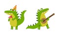 Funny friendly crocodile in everyday activities set. Cute green croc character playing domra musical instrument and