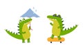 Funny friendly crocodile in everyday activities set. Cute green croc character skateboarding and walking with umbrella