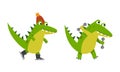 Funny friendly crocodile in everyday activities set. Cute green croc character skating and exercising with dumbbells