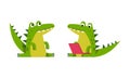 Funny friendly crocodile in everyday activities set. Cute green croc character using laptop computer cartoon vector