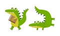 Funny friendly crocodile in everyday activities set. Cute green croc character walking with book and lying cartoon