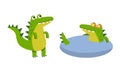 Funny friendly crocodile in everyday activities set. Cute green croc walking and swimming in lake cartoon vector