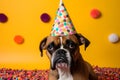Funny and friendly cute boxer wearing a brithday party hat in studio, on a vibrant, colorful background. Generative AI