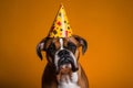 Funny and friendly cute boxer wearing a brithday party hat in studio, on a vibrant, colorful background. Generative AI