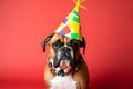 Funny and friendly cute boxer wearing a brithday party hat in studio, on a vibrant, colorful background. Generative AI