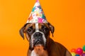 Funny and friendly cute boxer wearing a brithday party hat in studio, on a vibrant, colorful background. Generative AI