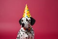 Friendly and cute Dalmatian wearing a birthday party hat in studio, on a vibrant, colorful background. Generative AI