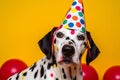 Friendly and cute Dalmatian wearing a birthday party hat in studio, on a vibrant, colorful background. Generative AI