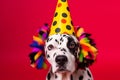 Friendly and cute Dalmatian wearing a birthday party hat in studio, on a vibrant, colorful background. Generative AI