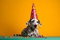 Friendly and cute Dalmatian wearing a birthday party hat in studio, on a vibrant, colorful background. Generative AI