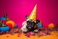 Funny and friendly cute French Bulldog wearing a birthday party hat in studio, on a vibrant, colorful background. Generative