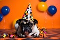 Funny and friendly cute French Bulldog wearing a birthday party hat in studio, on a vibrant, colorful background. Generative