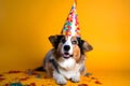 Funny and friendly cute Pembroke Welsh Corgi wearing a birthday party hat in studio, on a vibrant, colorful background.