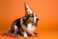 Funny and friendly cute Pembroke Welsh Corgi wearing a birthday party hat in studio, on a vibrant, colorful background.