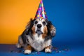 Funny and friendly cute Pembroke Welsh Corgi wearing a birthday party hat in studio, on a vibrant, colorful background.