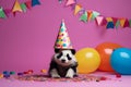 Funny and friendly cute panda wearing a brithday party hat in studio, on a vibrant, colorful background. Generative AI